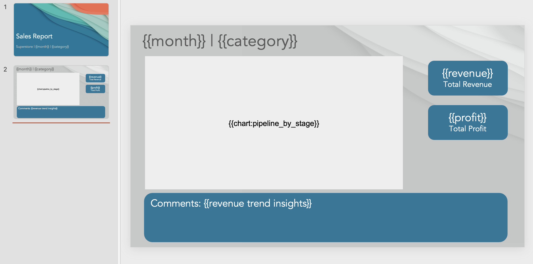 Reusable Slideform presentation template showing visible placeholders for month, category, revenue, profit, pipeline chart, and revenue trend insights comments.