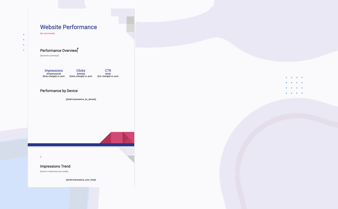 Animated Google Docs template filling into a finished report