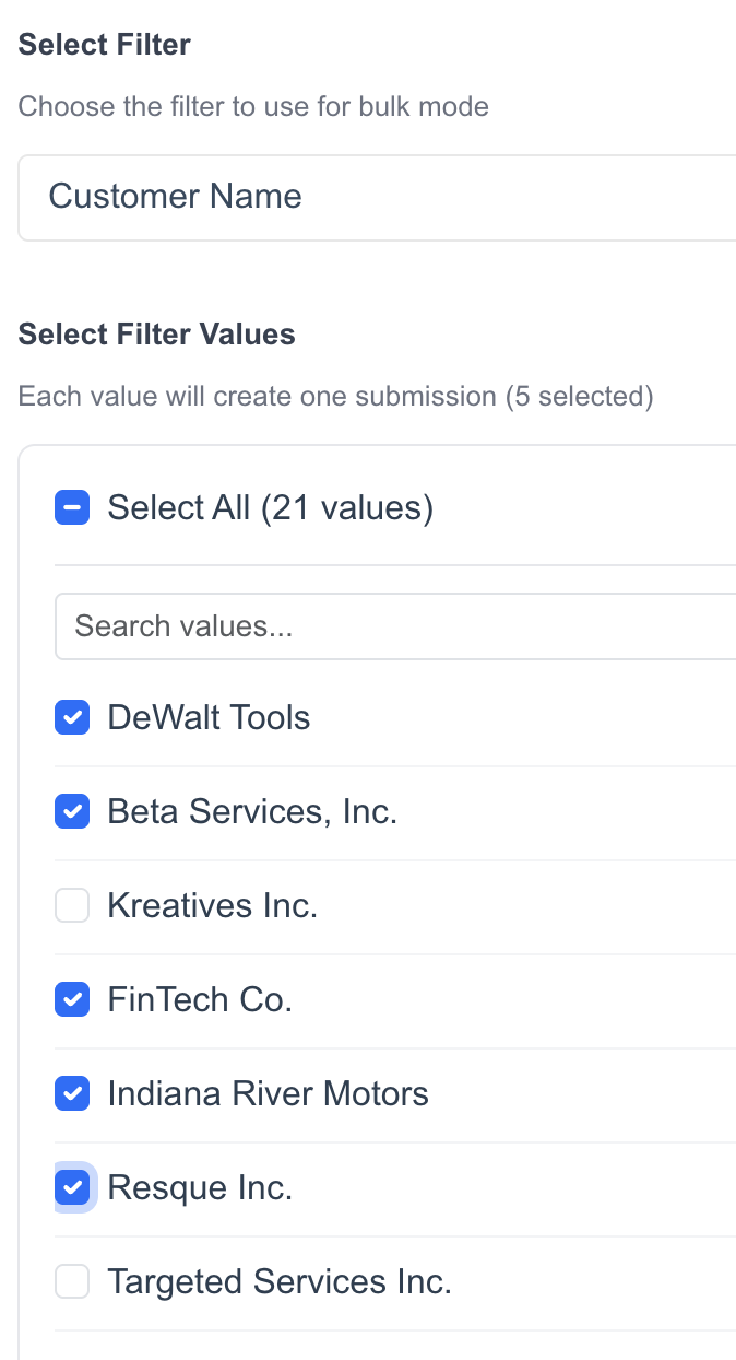 select filter values for the presentation