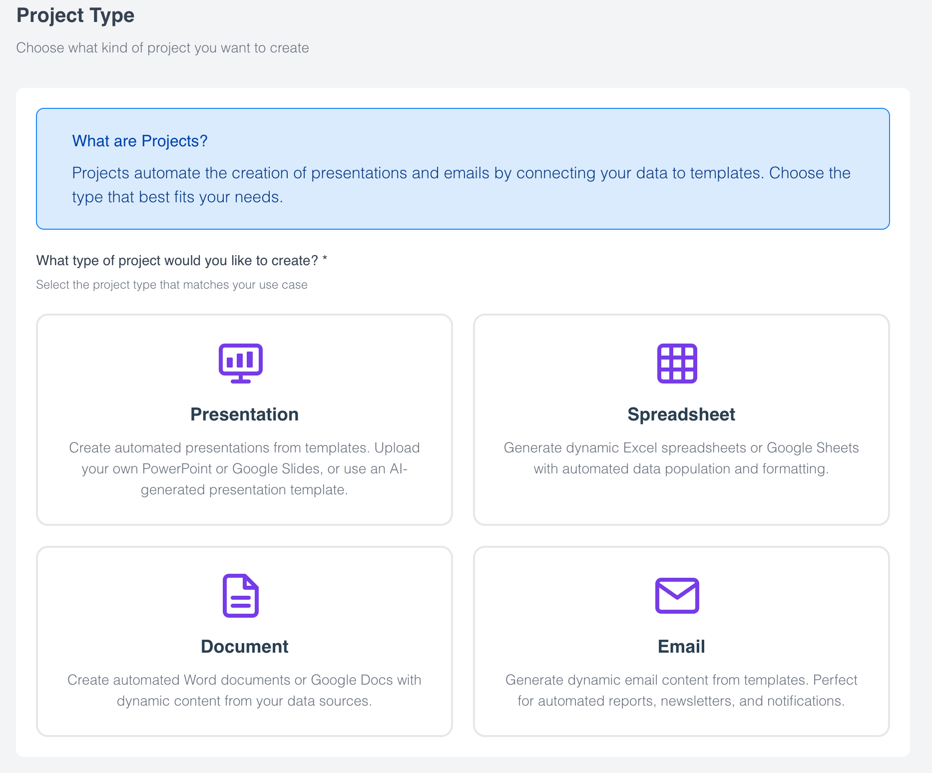 Slideform new project wizard showing project type options for Presentation, Spreadsheet, Document, and Email.